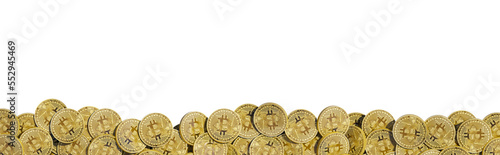 Scattered bitcoin coins isolated on white background. Horizontal crypto banner template blank. BTC cryptocurrency blockchain design blank