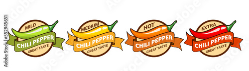 Set of badges with chili peppers with different spiciness levels. Badge or logo design. Vector illustration