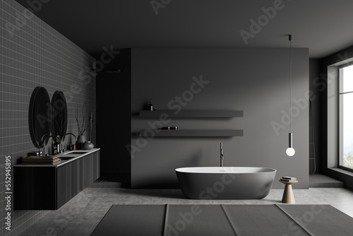 Grey bathroom interior with double sink  douche and tub near panoramic window
