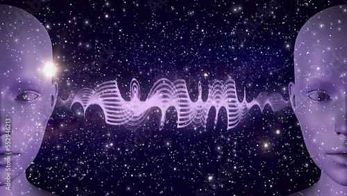 Two humans on a cosmic background, with a soundwaves between their ears, 3D illustration, Cover Image, Thumbnail photo