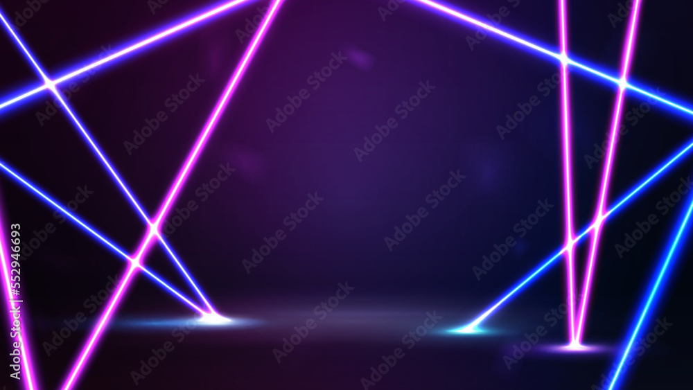 Empty purple scene with blue and pink neon line rays Empty purple scene with blue and pink neon line rays