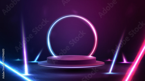Podium floating in the air with line gradient neon ring on background and neon line rays around
