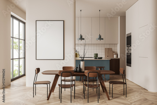 Light kitchen interior with dining and cooking space near window. Mockup frame © ImageFlow