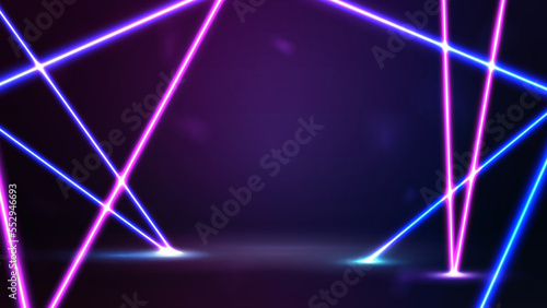 Empty purple scene with blue and pink neon line rays