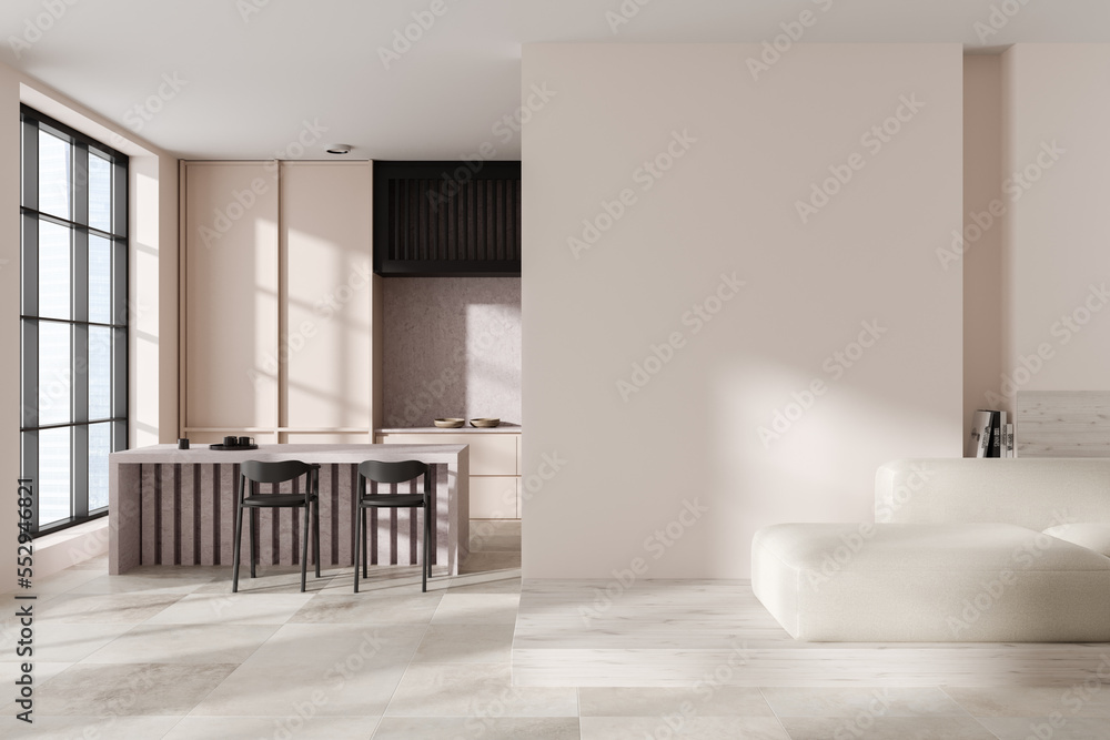 Fototapeta premium Stylish flat studio interior with chill and cooking area, window. Mockup wall