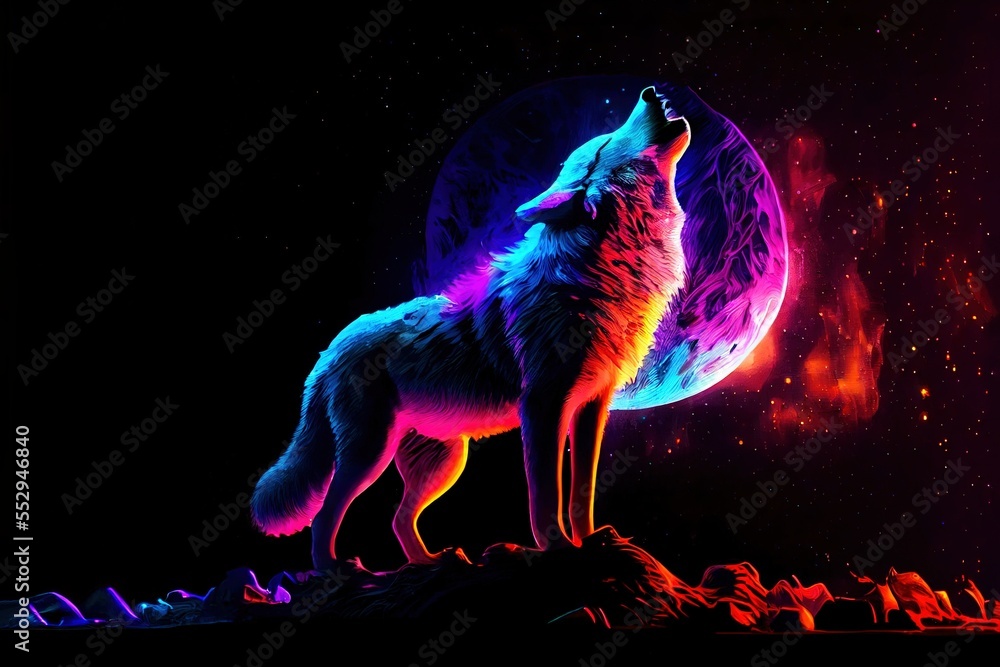 wolf galaxy/space vibrant colorful howling moon Stock Illustration
