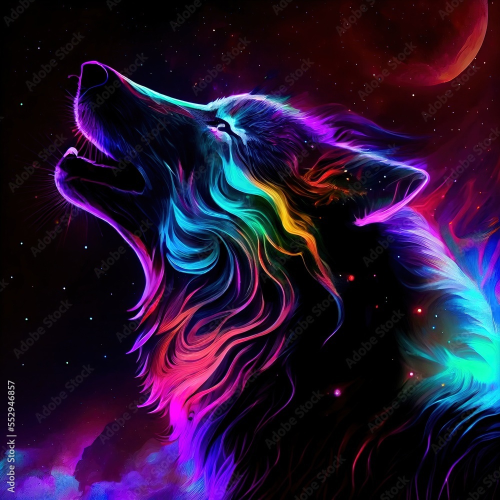 wolf galaxy/space vibrant colorful howling moon Stock Illustration ...