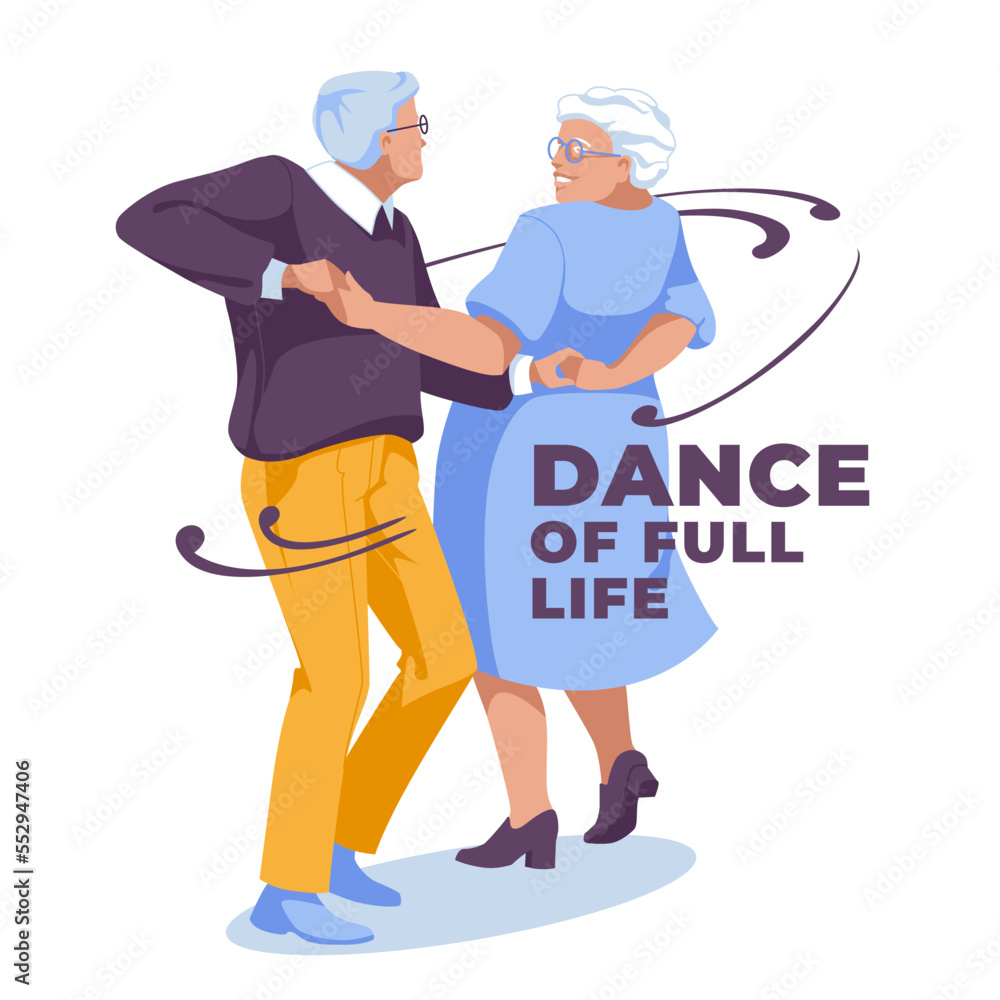 happy elderly couple dancing together. Advertisement of club dances. Isolated on white background vector flat illustration