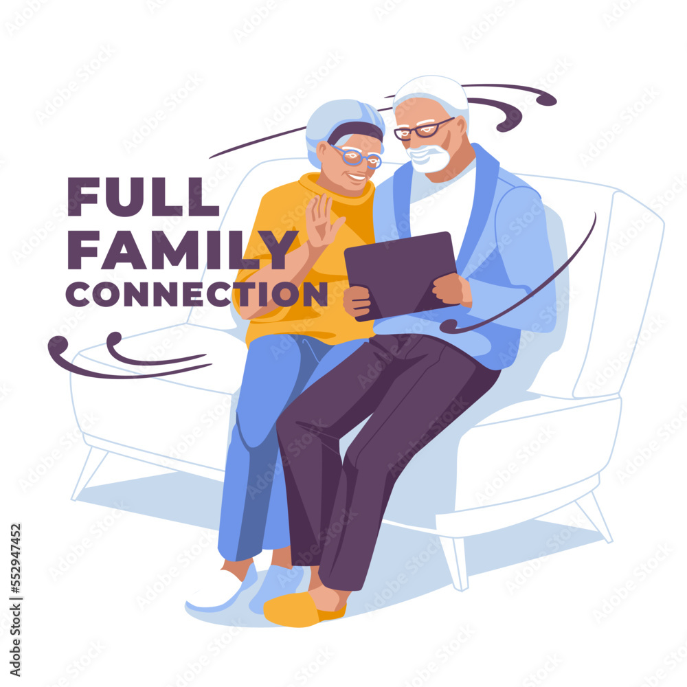 grandparents are using a tablet on the couch. Isolated on white background. Vector flat illustration grandparents are using a tablet on the couch. Isolated on white background. Vector flat illustration