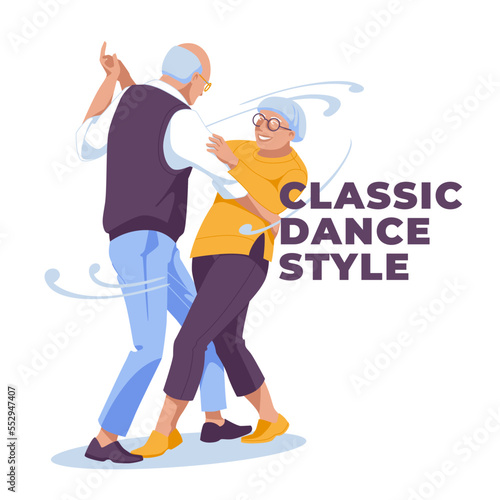 happy elderly couple dancing together. Advertisement of club dances. Isolated on white background vector flat illustration
