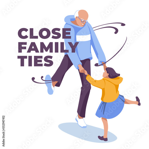 happy grandfather and granddaughter dancing together. Isolated on white background vector flat illustration