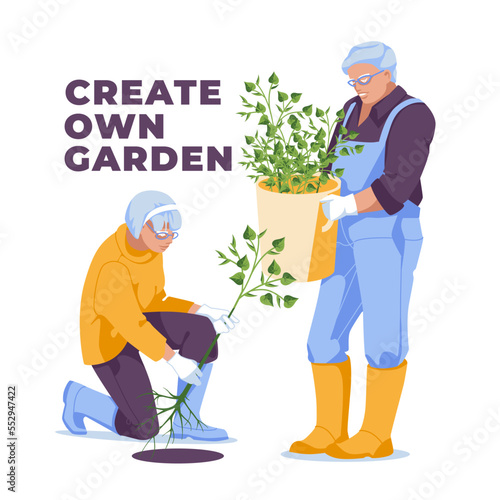 A couple of elderly people gardening together. Isolated on white background. Vector flat illustration