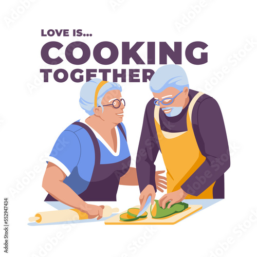 An elderly couple is cooking together. Isolated on white background. Vector flat illustration