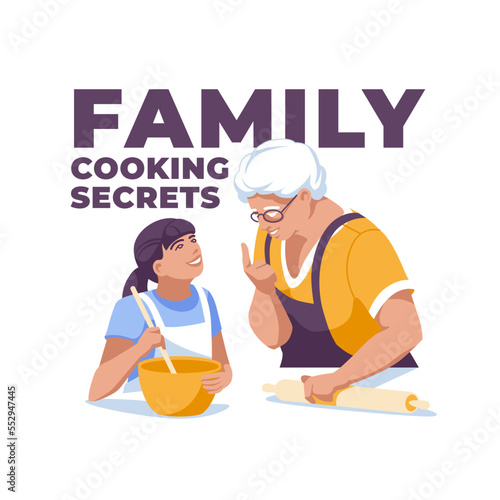grandmother cooks with granddaughter Isolated on white background. Vector flat illustration