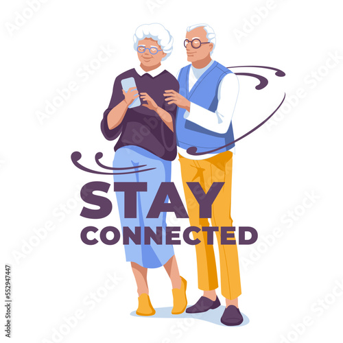 grandparents use a smartphone. Isolated on white background. Vector flat illustration
