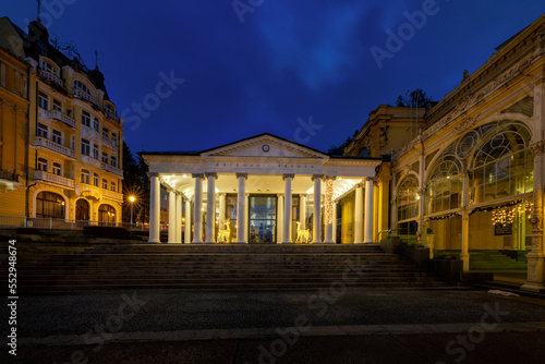 Pavilion of Cross spring in winter - Advent in Marianske Lazne (Marienbad) - great famous spa town in the west part of the Czech Republic (region Karlovy Vary), Europe