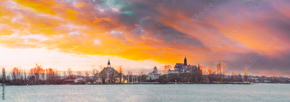 Helsinki, Finland. Panoramic View Of Sunrise Landscape Of Blekholmen Valkosaari Island And Luoto Island. Amazing Color Effect Of Clouds. Natural Bright Dramatic Sky Background. Soft Colors.