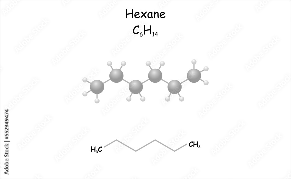 Stylized 2d molecule model/structural formula of hexane. Stylized 2d molecule model/structural formula of hexane.