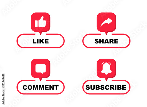 Like, comment, share and subscribe web buttons. Social media symbol. Web buttons for social network, channel, blogging, marketing and promotion.
