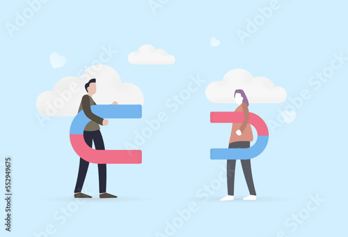 Man and woman attraction concept metaphor. Tension between people. Cartoon man and woman couple hold magnets in their hands and are attracted to each other