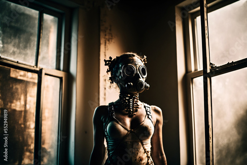 beautiful woman in underwear with a gasmask in front of a window, fabric, body, spooky, attractive, erotic, destruction, warm lights, cyborg, crazy, steam punk,fictional person made with generative ai photo