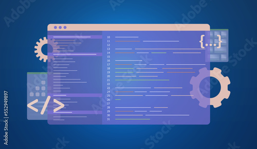 Software development web coding process concept. Computer programming, information technologies and web engineering illustration with program code window