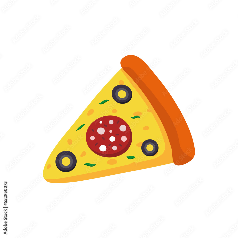 Vector pizza slice with salami and olives. Fast food Illustration with white background
Vector pizza slice with salami and olives. Fast food Illustration with white background