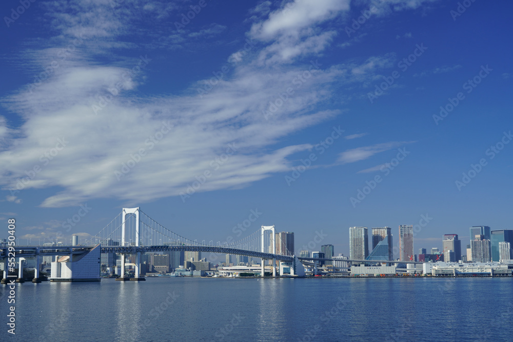 Rainbow bridge with city skyline in Tokyo