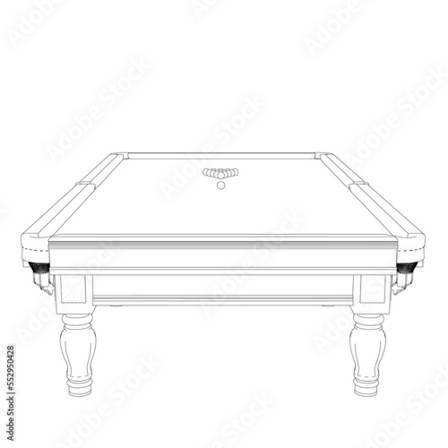 Outline of billiard table with balls from black lines isolated on white background. Front view. 3D. Vector illustration.