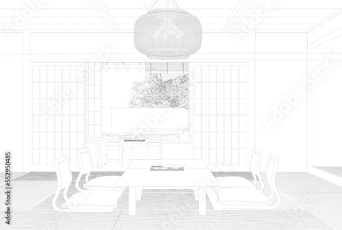 Outline of a Japanese dining room from black lines isolated on a white background. 3D. Vector illustration.