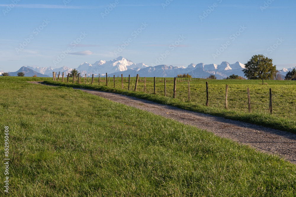 chemin de campagne avec vue sur les Alpes et le Mont -Blanc chemin de campagne avec vue sur les Alpes et le Mont -Blanc