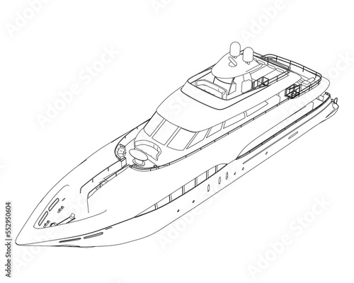 Outline of a large luxury yacht from black lines isolated on a white background. Isometric view. 3D. Vector illustration.