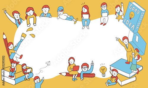 勉強する様々な世代の人々が集まるイラストフレーム