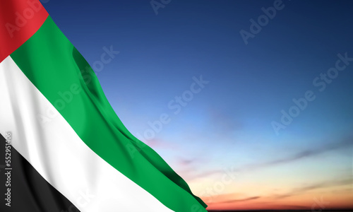 UAE flag on background of cloudy sunset or sunrise. Background for National Day. EPS10 vector