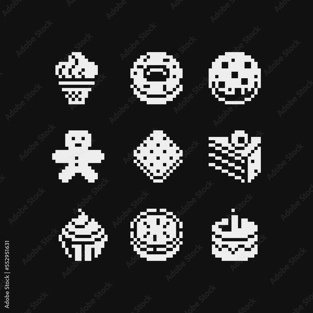 Sweets pixel art 1bit icons set, black and white emoji, ice cream