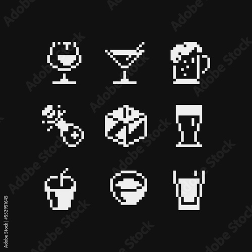 Beverages pixel art 1-bit icons set, black and white emoji, glass of wine, mug of beer, martini, ice cube and champagne. Design for logo, sticker and mobile app. Isolated vector illustration.