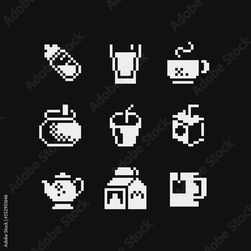 Food and drink pixel art 1-bit icons set, black and white emoji, glass of milk, paper bag, juice, kettle, tea and coffee. Design for logo, sticker and mobile app. Isolated vector illustration.