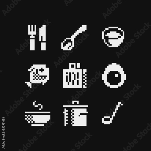 Kitchenware pixel art 1-bit icons set, black and white emoji, fork, spoon, fish, avocado, grater, soup, pot and ladle. Design for logo, sticker and mobile app. Isolated vector illustration.