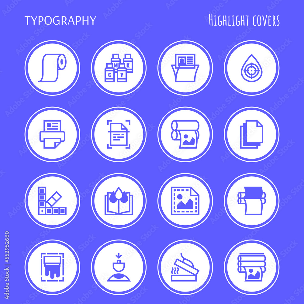 Typography, polygraphy thin line icons set. Printing, scanning, flexography, offset, roll paper, color palette, lamination, embossing. Highlights for stories. Vector illustration. Typography, polygraphy thin line icons set. Printing, scanning, flexography, offset, roll paper, color palette, lamination, embossing. Highlights for stories. Vector illustration.