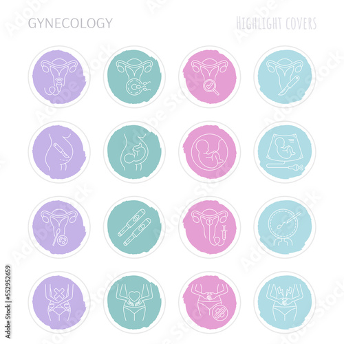 Gynecology thin line icons set. Ultrasound, check up, artificial fertilization, pregnancy, fetus, gynecological surgery, menstruation. Highlights for stories. Vector illustration.