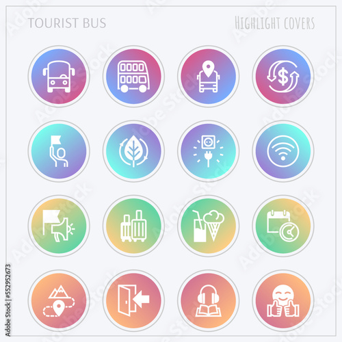 Tourist bus thin line icons set: free wi-fi, schedule, emergency exit, tourist route, departure point, socket, audio guide, luggage, refund. Highlights for stories. Vector illustration.