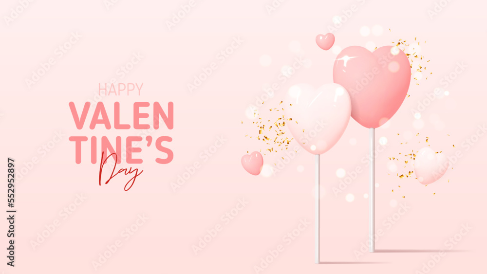 Happy Valentine's Day banner. Vector illustration with pink lollipops and hearts. Holiday decoration design with 3d elements and golden confetti for Valentine's Day. 3d holiday banner.