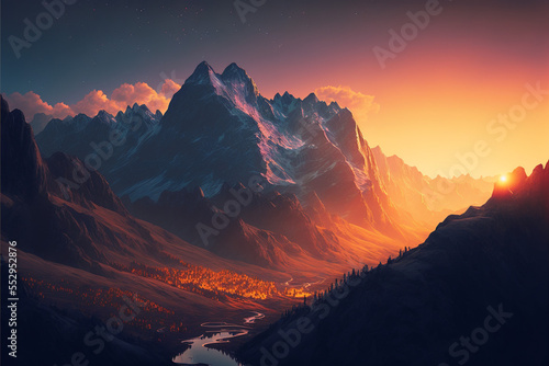 A rocky mountain range at sunset.
