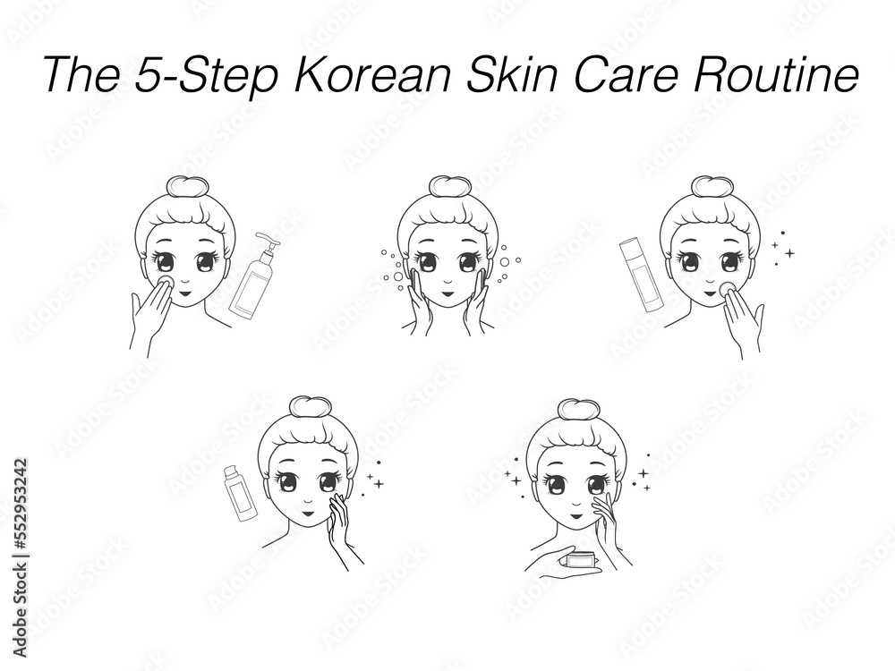 The 5 step korean skin care routine. Skin care memo. The woman uses beauty products. Illustration on transparent background The 5 step korean skin care routine. Skin care memo. The woman uses beauty products. Illustration on transparent background