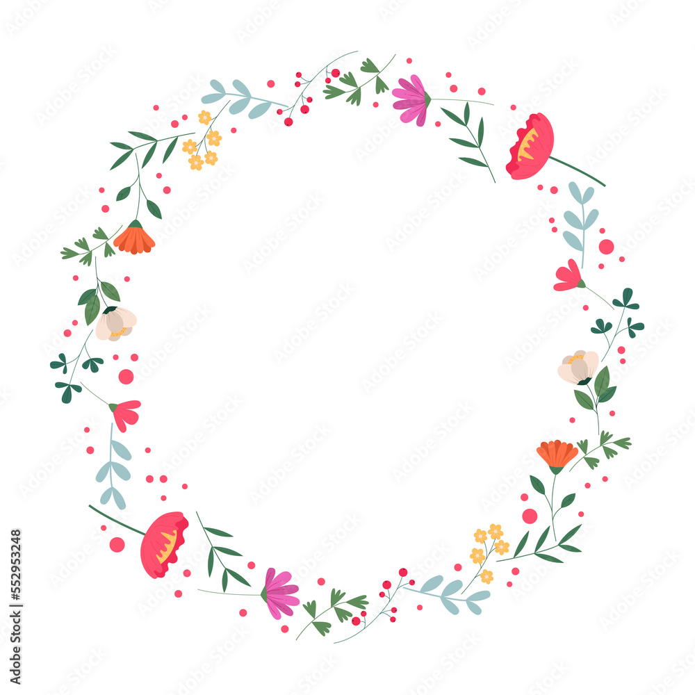 Round frame made of wild flowers with place for text. Modern Illustration on transparent background
