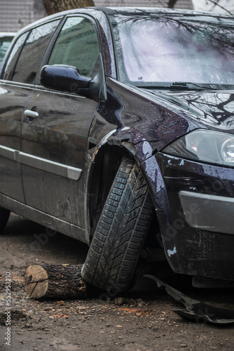 broken front wheel. broken car. The car after the accident