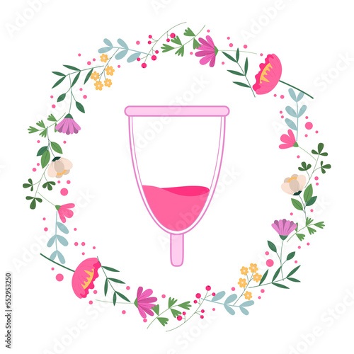 Menstrual cup in a round frame of wild flowers. Women's intimate hygiene. Modern Illustration on transparent background