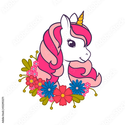 Portrait of a cute unicorn with closed eyes in flowers isolated on white background. Illustration on transparent backgroundfor t-shirt and stickers photo