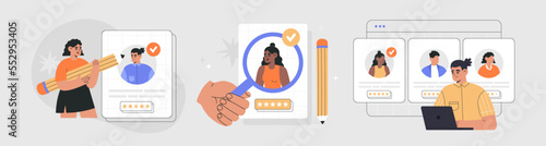Recruitment agency concept, hiring, vector illustration set. Hr managers team and headhunters work with human resources, searching the job candidates for vacancies, analyze CV. Hand drawn flat style