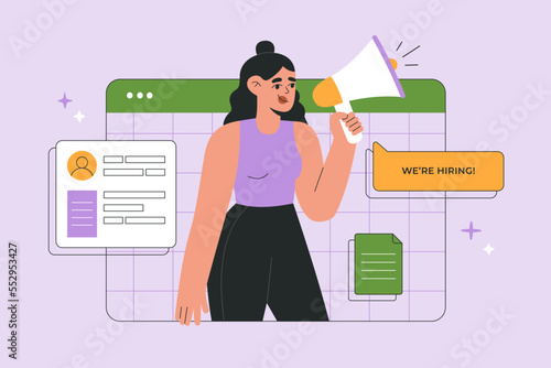 Young girl employer on computer screen shout in megaphone We are hiring. Recruiting, headhunting, candidate searching online. Hand drawn vector illustration isolated on purple background, flat style